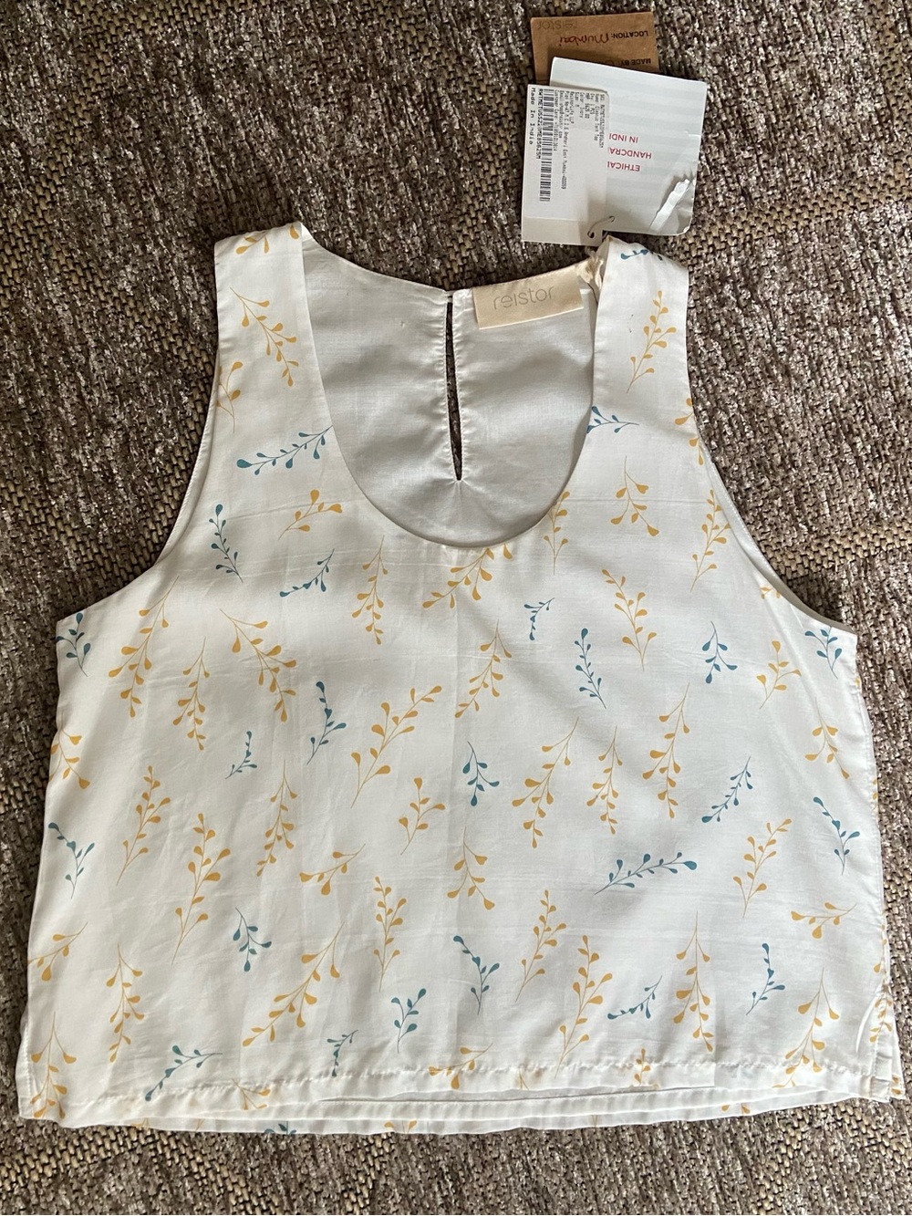 Light Cream Floral Tank Top with Yellow & Teal Sprigs